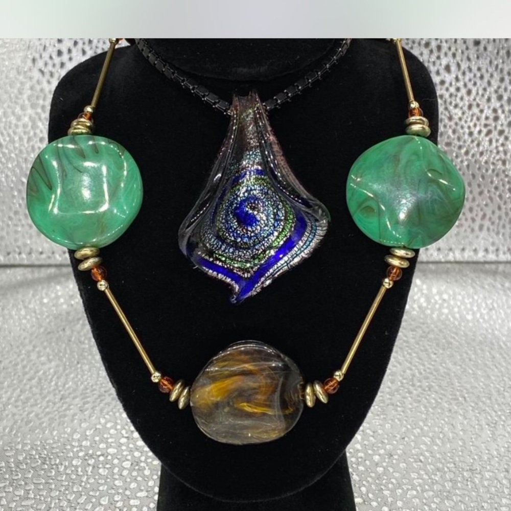 Southwestern x 2 *Jade Green   Lampwork” Pendant Necklace + “ Amber Necklace  ^^